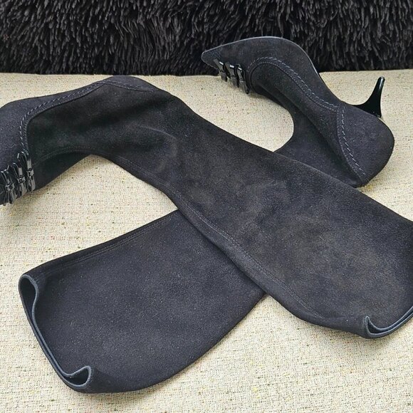 Louis Vuitton Women Heel Boot Black Suede Long Boots Shoes Size 34.5 Made Italy - Picture 1 of 13